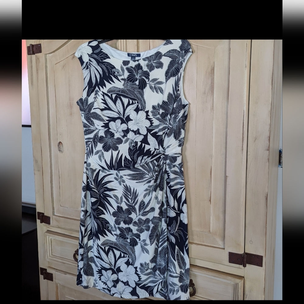Chaps Women's Size XL Navy Blue & Ivory White Faux Wrap Midi Knee Length Dress